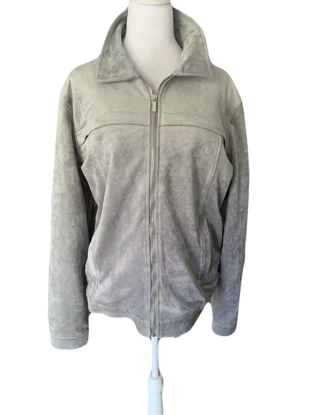 Maniere De Voir Large Gray Soft Cozy Micro Suede Bomber Jacket Zip Pockets